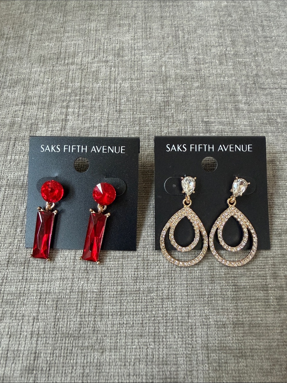 Saks Fifth Avenue Red and Gold Crystal Drop Earrings Set